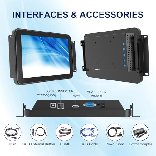 10-Point Multi-Touch Industrial Display, 10.1 Inch Open Frame Capacitive Touch Screen Monitor, 1280x800 10-Point LCD Display, IP65 Front Waterproof with HD-MI VGA Ports - size: 10.1