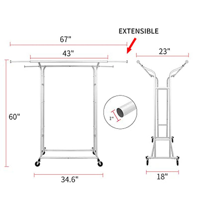Fishat White 60" H Heavy Duty Double Rod Rolling Garment Clothes Rack - color: White