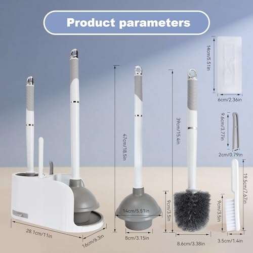 Toilet Brush and Plunger Set 4 in 1 Toilet Brush and Holder with Crevice Cleaning Brush and Clip Deep Cleaning, Wall Mounted Home Bathroom Cleaning Tool Combo （Gray 1）