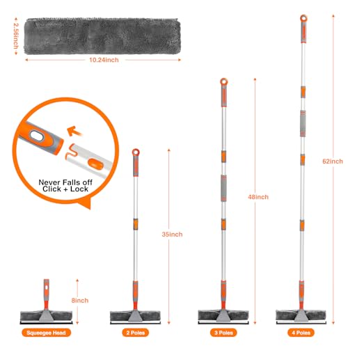 LOMIDA 2-in-1 Window Squeegee Cleaner with 62" Window Cleaning Tool Kit with Extension Pole, Bendable Head for Extra Force, Window Washing Equipment Car/Glass/Shower (2 Fiber Pads)