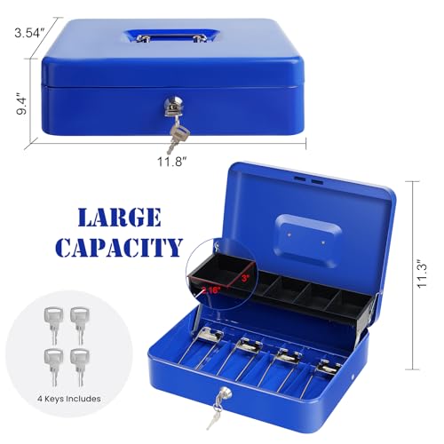 Cash Box with Money Tray and Lock, Metal Money Box for Cash Register 4 Keys - color: Blue