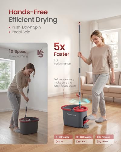 SONGMICS Spin Mop and Bucket Set with Pedal Wringer, 1 Microfiber Pad - color: Gray + Red, size: 1 Pad