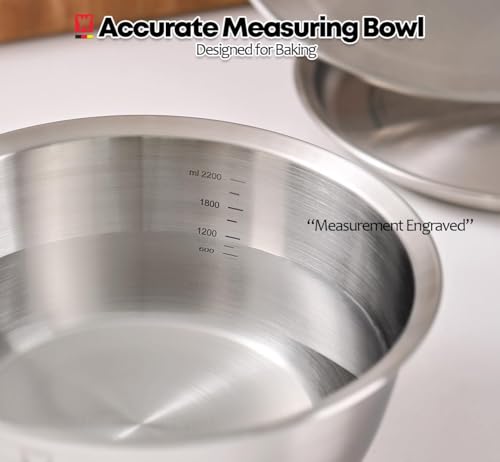 WAGENSTEIGER 3-Piece Stainless Steel Mixing Bowl Set with Strainer & Oil Drain Tray – Nesting Prep & Baking Bowls with Measurement Marks (8.66 in) - size: 8.66 in