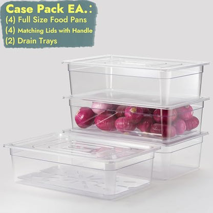 CURTA 4-Pack Full Size 6" Deep NSF Polycarbonate Food Pans with Handled Lids & Drain Trays | Dishwasher & Freezer Safe Clear Container for Prep Tables, Buffet, Salad Bar, Commercial & Home Kitchen - color: Full Size, size: 6" Deep Pan with Lid