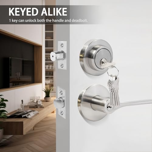 Keyed Alike Front Door Handle and Deadbolt Set, Exterior Door Lock Set with Deadbolt, Heavy Duty Round Door Knob and Deadbolt Lock for Front Doors, Satin Nickel, 2 Pack - size: 2pack-set