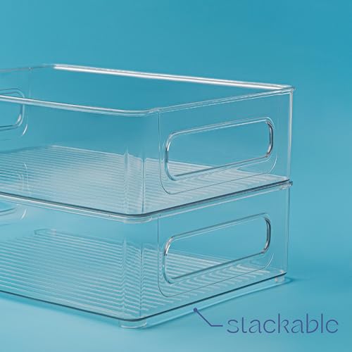 Plastic Food Storage 2 pack Clear Container Bin with Handles for Organizing Kitchen, Pantry, Refrigerator, Freezer, Pantry, Cabinet, Closet, Bathroom. Stackable 10”x8”x3” - size: 10x8x3