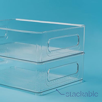 Plastic Food Storage 2 pack Clear Container Bin with Handles for Organizing Kitchen, Pantry, Refrigerator, Freezer, Pantry, Cabinet, Closet, Bathroom. Stackable 10”x8”x3” - size: 10x8x3