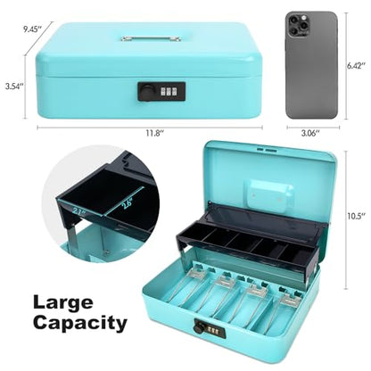 Cash Box with Combination Lock & Auto-Pop Coin Tray – Secure Steel Money Box with 4 Upgraded Finger-Safe Bill Clips, Premium Smooth Scratch-Resistant Coating, 11.8", Combo Teal - color: Combo Teal