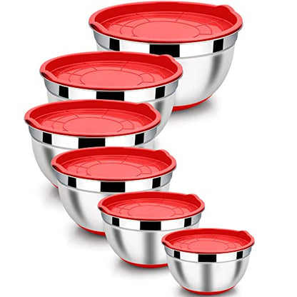 LIANYU Mixing Bowls Set of 6 with Airtight Lids, Non-slip Bottom - color: Red, style: Anchor Base with Airtight Lids