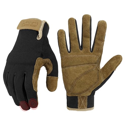 HANDLANDY Work Gloves for Men & Women, Utility Mechanic Working Gloves Touch Screen, Flexible Gardening Gloves for Yard - color: Brown Black (1 Pair), size: Medium