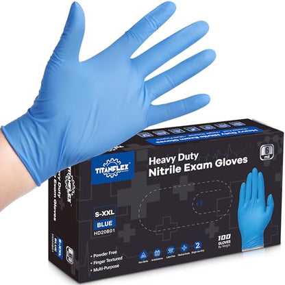 TitanFlex Nitrile Exam Gloves, Blue, 6-mil, Heavy Duty Nitrile Gloves, Mechanic Disposable Gloves, Latex Free, Powder Free - color: Blue - Medium - Box of 100