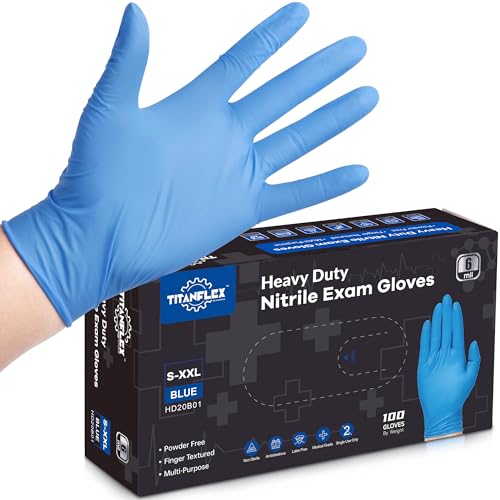 TitanFlex Nitrile Exam Gloves, Blue, 6-mil, Heavy Duty Nitrile Gloves, Mechanic Disposable Gloves, Latex Free, Powder Free - color: Blue - Small - Box of 100