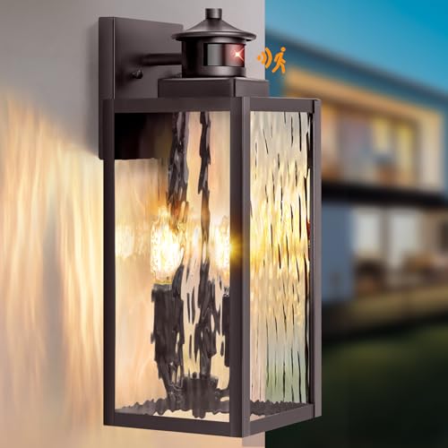 3-Light Motion Sensor Outdoor Wall Light, Waterproof Exterior Wall Sconce Light Fixture with Water-Rippled Glass, Dusk to Dawn Brown Outside Wall Lantern for House, Porch, Patio,Bulbs Not Included - color: Brown, size: 15.5 Inch