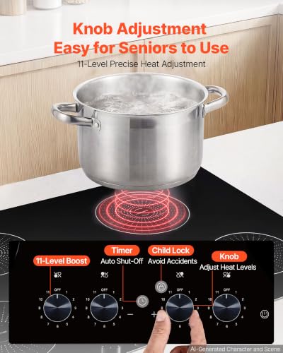 VEVOR Induction Cooktop 30inch 4 Burners Built-in Electric Stove 220V 7200W, Low-Power Continuous Heating, Induction Burner for Kitchen, with 11 Power Levels, Knob Control, and Child Lock - size: 30In -knob Control