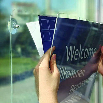 M&T Displays Premium 11x14 Acrylic Window Sign Holder | Double Sided Clear Portrait Display Frame with 4 Suction Cups | Anti-Glare for Storefronts, Doors, Glass - Easy Poster & Menu Change - size: 11x14 Portrait