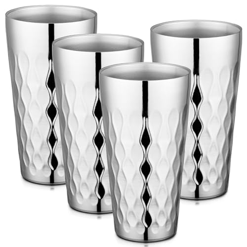 Beasea Stainless Steel Cups 19 oz, 4 Pack Large 18.6oz 550ml Stainless Steel Drinking Cups Tumbler Stackable Double Wall Insulated Individual Metal Pint Glasses Tin for Home Party Camping - color: Silver Ripple, style: 18.6oz 4pcs