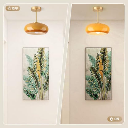 Brass Modern Hallway Ceiling Light - Orange Glass Ceiling Lamp with Dome Shade, Gold Mid Century Semi Flush Mount, Bedroom Entrance Light Fixture - color: Orange