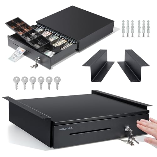 Volcora Manual Push Open Cash Register Drawer with Under Counter Mounting Metal Bracket - 16" Black Front Touch Panel Cash Drawer for POS, Partial Removable 5 Bill 8 Coin Tray, Key-Lock - color: Black