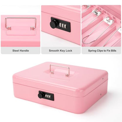 Cash Box with Combination Lock & Foam Auto-Pop Coin Tray – Secure Steel Money Box with 4 Upgraded Finger-Safe Bill Clips, Premium Smooth Scratch-Resistant Coating, 11.8", Combo Pink - color: Combo Pink