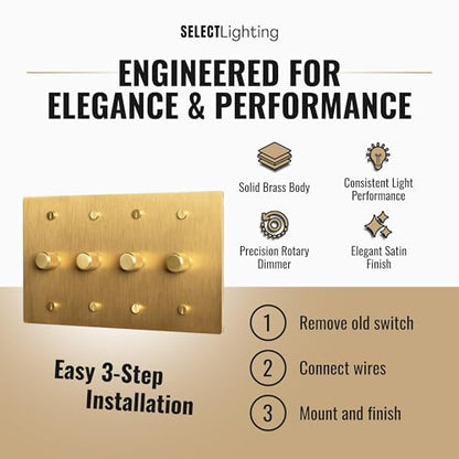 SELECT 4 Gang Solid Brass Rotary Dimmer Switch, 3-Way & 1-Way Compatible - color: Satin Brass, size: 4 Gang, style: 1/3-Way Dimmer