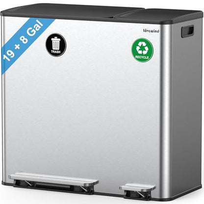 Dual Trash and Recycling Bins for Kitchen, 19+8 Gallon (72+30L) Stainless Steel Trash and Recycle Bin Combo with Soft-Close Lid, Large Garbage Cans for Kitchen Home with 2 Magnets Sticker, Silver - color: Silver