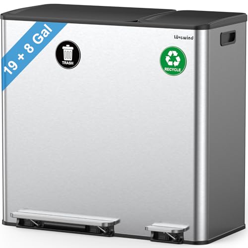 Dual Trash and Recycling Bins for Kitchen, 19+8 Gallon (72+30L) Stainless Steel Trash and Recycle Bin Combo with Soft-Close Lid, Large Garbage Cans for Kitchen Home with 2 Magnets Sticker, Silver - color: Silver
