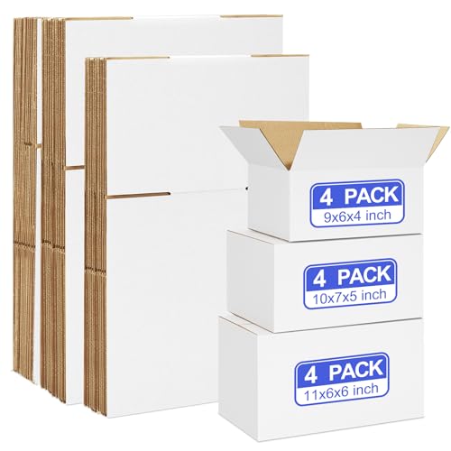 Eupako 12 Pack Small Shipping Boxes Assorted Sizes, White Corrugated Box Mailers, 9x6x4 & 10x7x5 & 11x6x6 4 PCS Each Small Boxes, Cardboard Boxes for Packaging Small Business, Mailing - size: 9x6x4 & 10x7x5 & 11x6x6 Inches