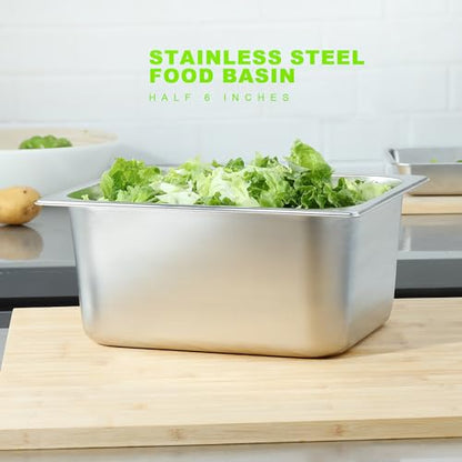 EGGKITPO 6-Pack Steam Table Pan Half Size 6 Inch Hotel Pan, Stainless Steel Metal Food Pan for Restaurant Food Container Warming Pans for Daily Use and Commercial - size: 1/2 6" deep without lid