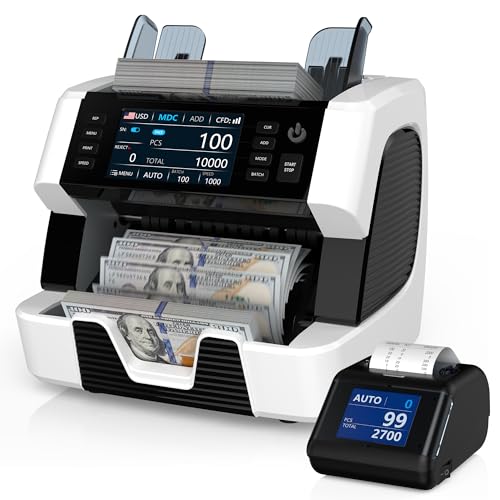 PONNOR Money Counter Machine Mixed Denomination, Serial Number, Multi Currency 2CIS/UV/IR/MG/MT Counterfeit Detection Bill Counter, Cash Counter Machine Value Counting for Business with Printer