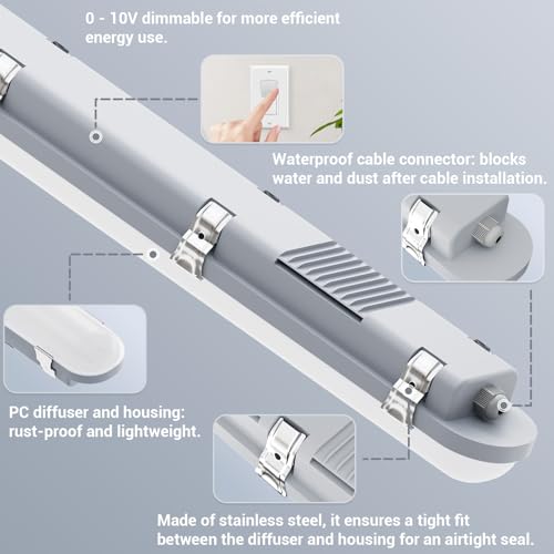 JTT 4Pack 8FT LED Vapor Tight Light 120/100/80W Options 3CCT 0-10V Dimmable - size: 8FT (4-Pack)-New