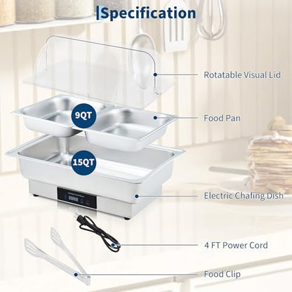 Garvee Electric Chafing Dish 9QT Stainless Steel Food Warmer Temp Control - size: 1/2 Half Pan