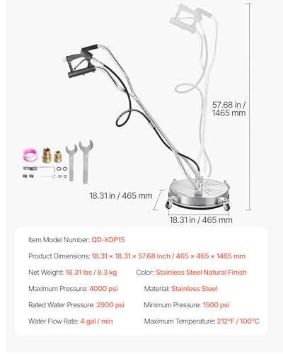 VEVOR 18 Inch Pressure Washer Surface Cleaner, 4000 PSI Stainless Steel Attachment with 4 Wheels, 2 Nozzles, 3/8 Inch Quick Connect and Dual Handle for Concrete, Patio, Sidewalk - size: 18 Inch w/ Handle & Wheels