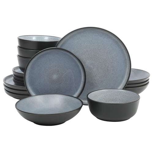 Gibson Elite Tribeca Loft 16-Piece Dinnerware Set – Matte Black and Blue Reactive Glaze Stoneware, Double Bowl Round Plates and Bowls – Modern Rustic Dinnerware for 4, Dishwasher & Microwave Safe - color: Matte Black & Blue (Tribeca Loft)