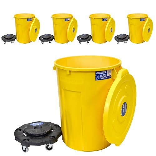 Magnum Yellow 44 Gallon Trash Can Set (Trash Can, Quiet Dolly, and Reinforced Lid), Construction Grade, Jobsite Ready for Handling and Rolling Garbage CMTC-CLD0-44Y05 (5 Set) - color: Yellow, size: 44 Gallon, style: Can + Lid + Dolly
