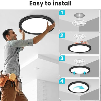 libtit 12 inch Flush Mount LED Ceiling Light Fixture, 3000K 4000K 6500K Adjustable, 28W 3200lm Black Round Lighting Fixtures for Bathroom Shower Hallway Kitchen - color: Black, size: 12in-1Pack