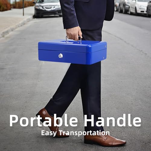Cash Box with Money Tray and Lock, Metal Money Box for Cash Register 4 Keys - color: Blue