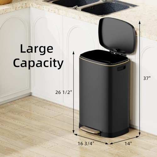 13 Gallon Stainless Steel Trash Can, 50L, Rectangular, Soft-Close Lid, Fingerproof Finish, Hands-Free Operation, Odor Protection,Black - color: Black