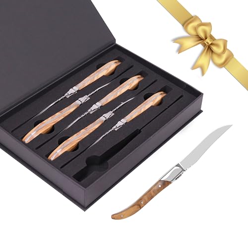 LUVCOSY Laguiole Style Steak Knife Set of 6, Non-serrated Steak Knife Set with Olive Wood Handle, Sharp Stainless Steel Steak Knives with Gift Box, Dinner Cutlery Set for Home Party - color: Olive Wood Handle