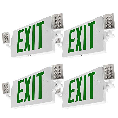 LFI Lights® Thin COMBO UL 924 Listed, Green LED, Exit Sign with Emergency Lights, White, 120-277VAC Hardwired with Battery Backup, Optional Double Face and Knock Out Arrows COMBOTGWBB 4 Pack - size: 4 Pack