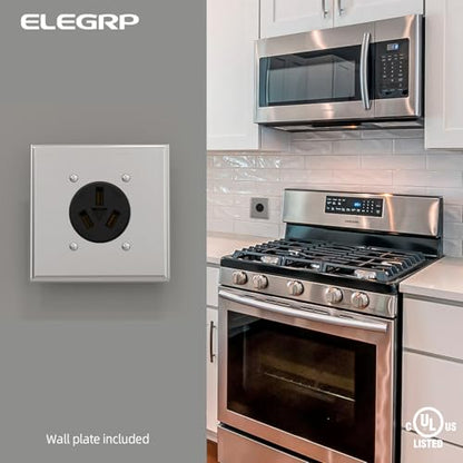 ELEGRP 50 Amps Range Power Receptacle,125/250V Flush Mounting Power Outlet UL Listed, NEMA 10-50R Straight Blade Range Outlet with Stainless Steel Wall Plate, Non-Grounding, 3 Pole 3 Wire, 1 Pack - style: NEMA 10-50R Outlet Includes Wall Plate
