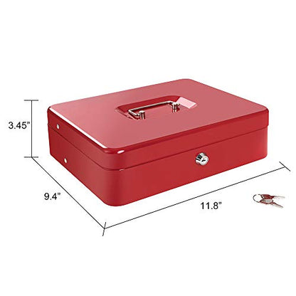 Cash Box with Lock Key and Money Tray, Large Money Box for Cash Register - color: Red