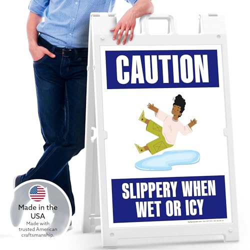Caution Slippery When Wet Or Icy With Graphic Folding Floor Sign, 24x36 Inches, Portable A Frame, Made in USA by My Sign Center - size: 24x36 Plastic