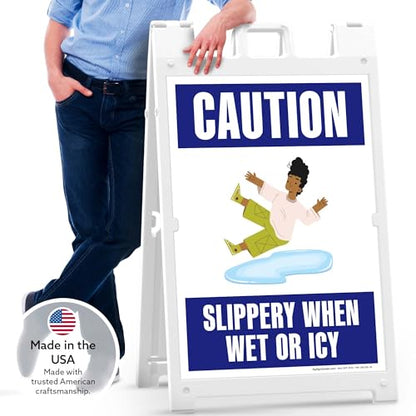 Caution Slippery When Wet Or Icy With Graphic Folding Floor Sign, 24x36 Inches, Portable A Frame, Made in USA by My Sign Center - size: 24x36 Plastic