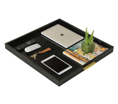 HofferRuffer Extra Large Square Serving Tray, Elegant Faux Leather Ottoman Tray with Gold Hardware Handles, Serve Tea, Coffee or Breakfast in Bed, 24 x 24 inches (Black Croco) - color: Black Croco, size: 24" x 24" x 2"