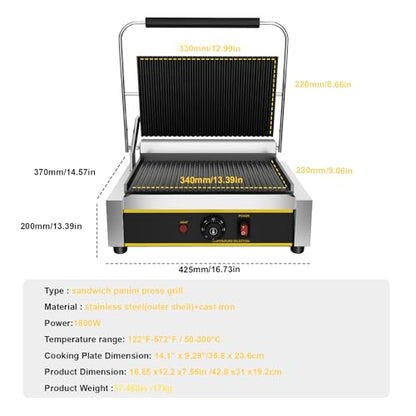 Commercial Panini Press Grill, 1800W Electric Sandwich Panini Maker - size: 13.4"×9"