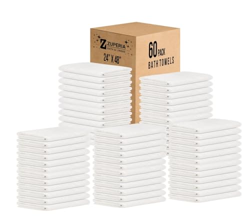 ZUPERIA White Bath Towels Bulk 60 Pack (24 x 48 Inches) - 100% Cotton Economy Light Weight Towels for Commercial Use - Quick Dry, Ultra-Soft, and Absorbent Bulk Towels - size: 24"x48" - Pack of 60
