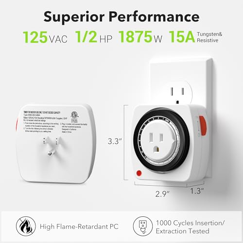 BN-LINK Heavy Duty Mechanical Timer, 24-Hour Indoor Outlet Timer, 3-Prong - size: 3-Prong, 1-Pack, 1 Outlet, Heavy Duty