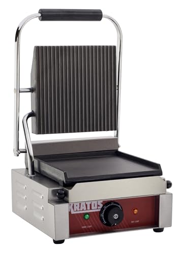 Kratos Commercial Electric Panini Sandwich Grill with Grooved Top and Smooth Bottom Plates, 9" x 9" Cooking Surface, Commercial Countertop Panini Press, 120V, 1750W (29Y-019) - size: Small w/ Smooth & Grooved Plates