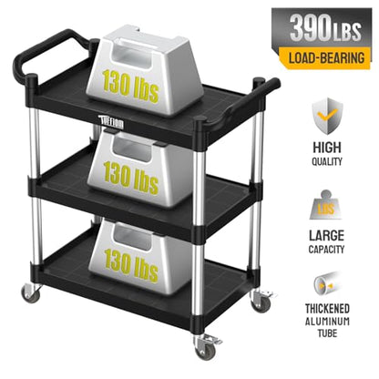 TUFFIOM 3-Tier Plastic Service Utility Cart with Wheels, Heavy Duty 390lbs Capacity, Commercial Rolling Ideal for Restaurant, Foodservice, Office, Warehouse, Black 24.6''L x 15.8''W x 37.4''H - size: Black 24.6''L x 15.8''W x 37.4''H