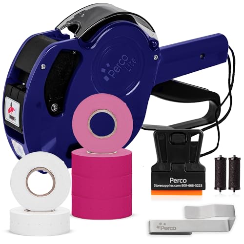 Perco Price Gun 1-Line Kit with 2 White 4 Pink Rolls, Clip & Ink Rollers - color: Fluorescent Pink